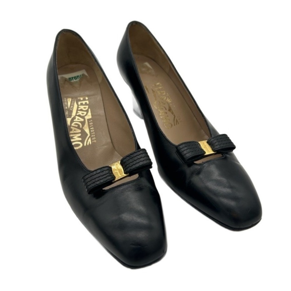 Salvatore Ferragamo Womens Size 5.5 B Black Vara Bow Leather Pumps Vintage Shoes